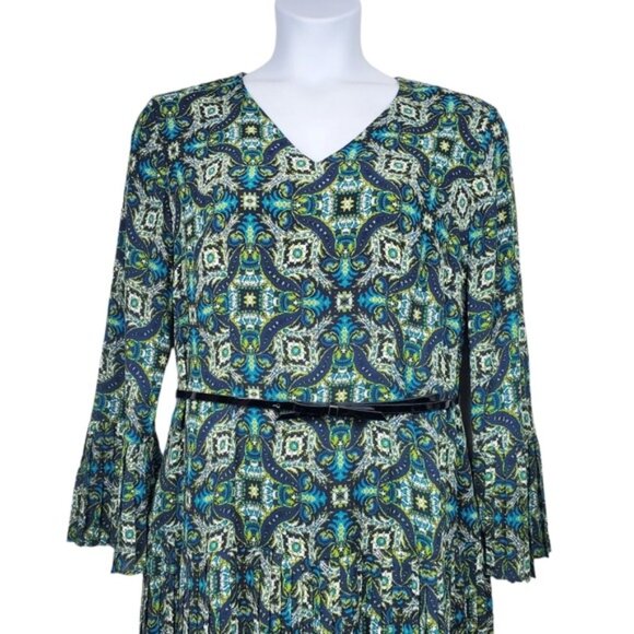 The Limited Womens Long Sleeve Green Tile Print Belted Pleated Dress Size 14 NWT - Picture 2 of 10